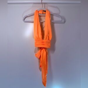 ZARA Neon Orange Halter Wrap Top | Backless Tie Detail | NWT